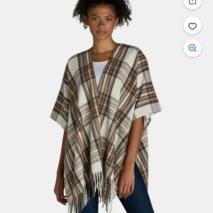 Plaid Ruana, Wrap, Shawl, with fringe, neutral, English Countryside vibes, OS